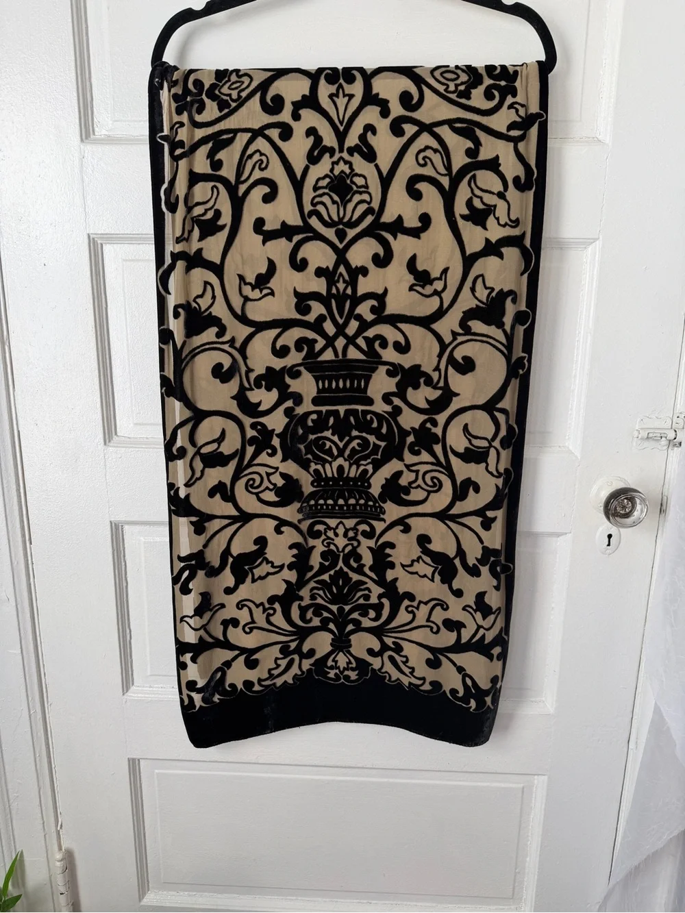 Silk Blend Velvet Burnout Scarf Wrap Beige & Black Damask Paisley Print Regal